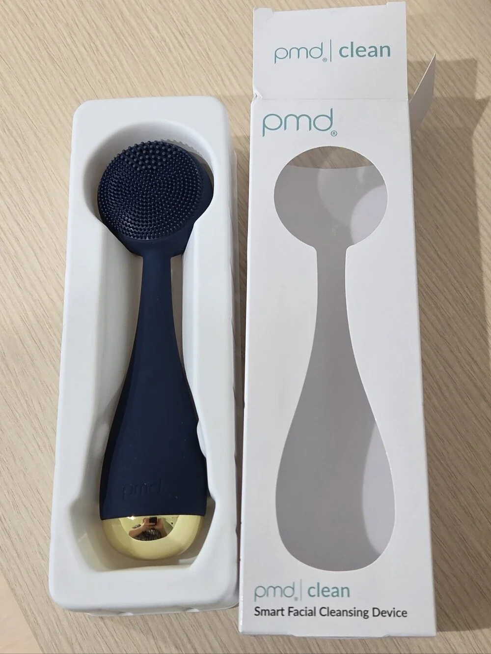 PMD Clean Smart Facial Cleansing Device Navy Blue Gold SonicGlow Face Massager